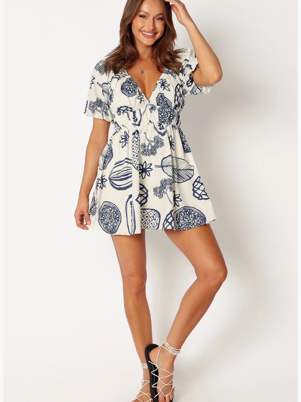 Petal + Pup Cream / Navy V-Neck Floral Print Short Dress